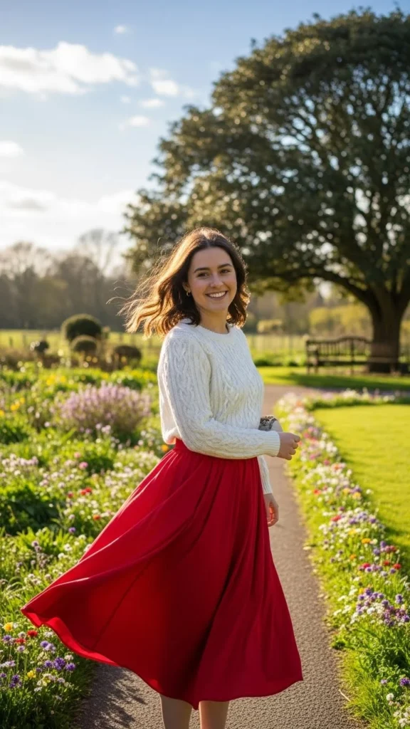 Red Midi Skirt with White Sweater