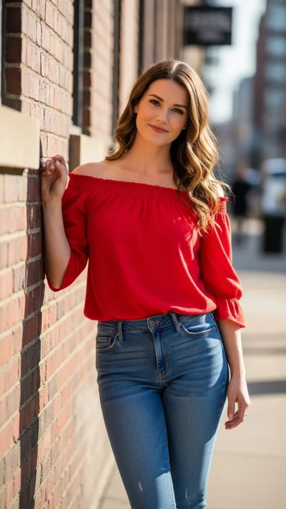 Red Off-Shoulder Top with Jeans