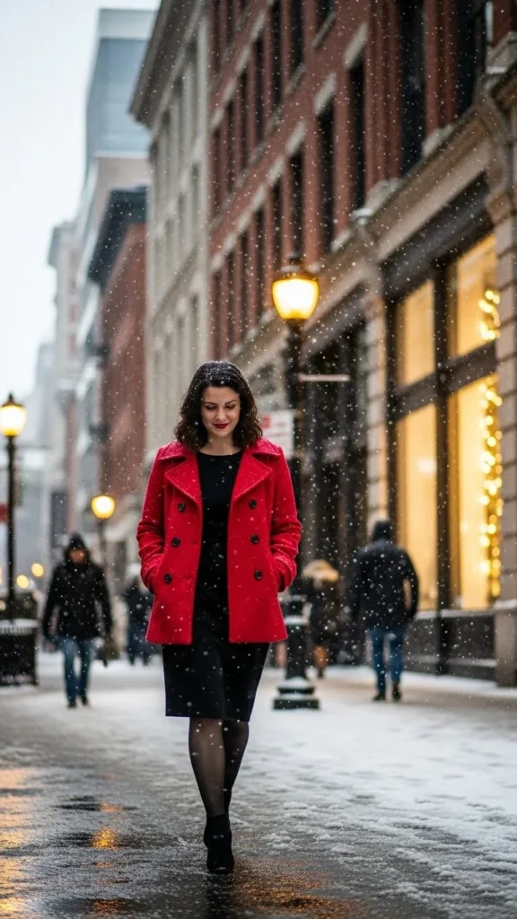 Red Peacoat with Black Dress