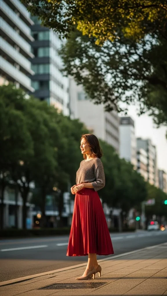 Red Pleated Skirt with Knit Top
