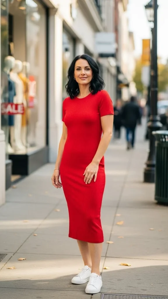 Red Ribbed Dress with Sneakers