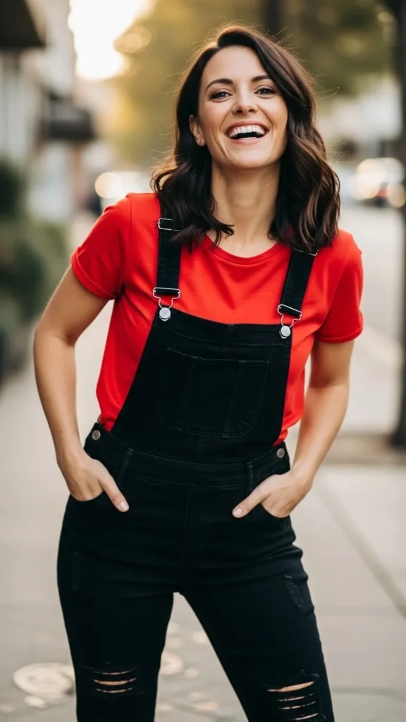 Red Shirt with Black Overalls