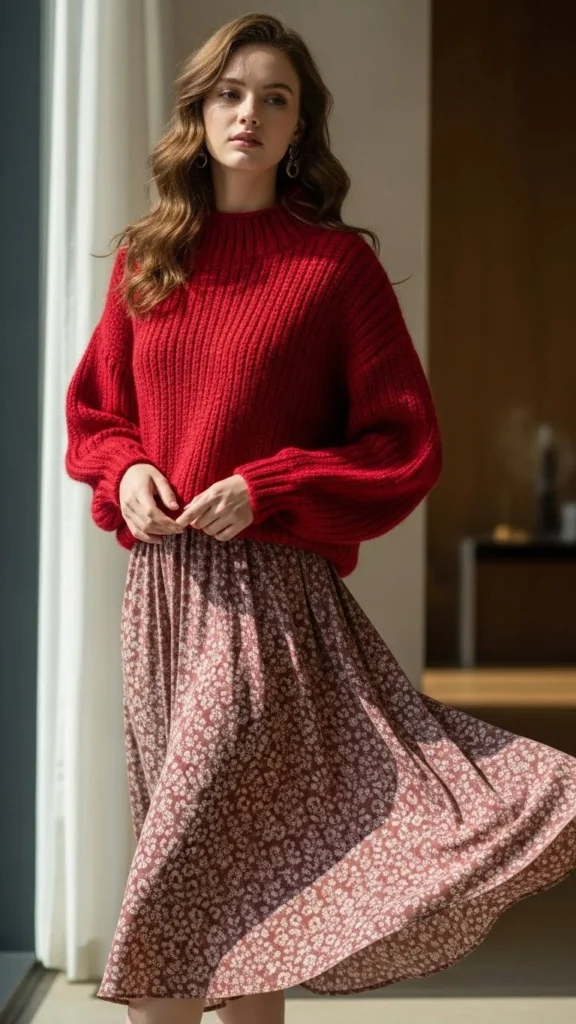 Red Sweater With Midi Skirt