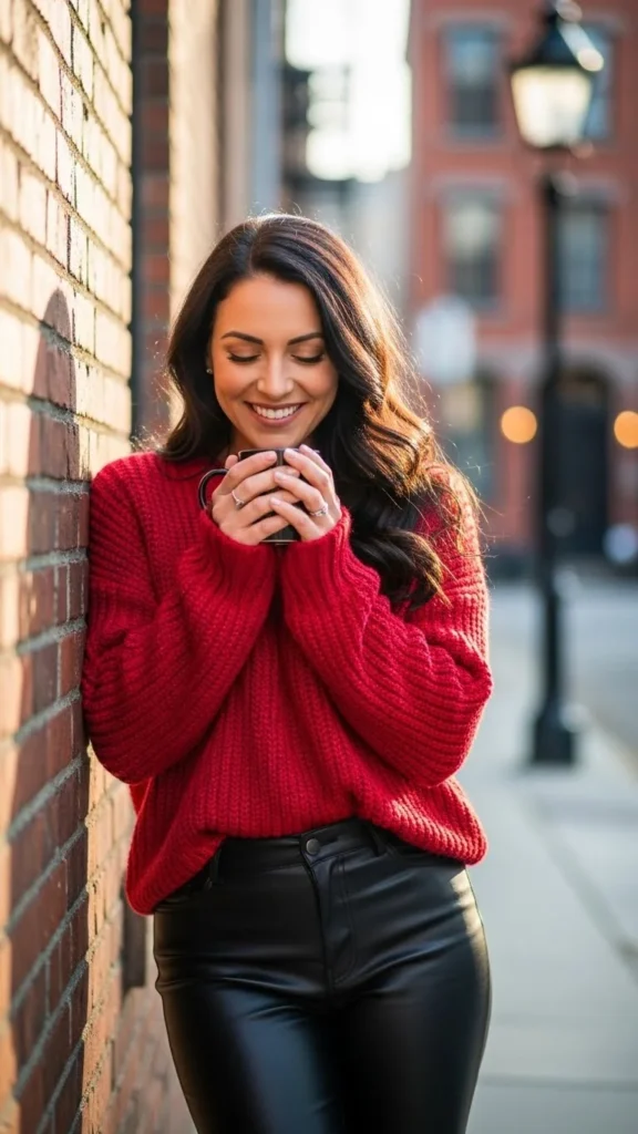 Red Sweater with Faux Leather Pants