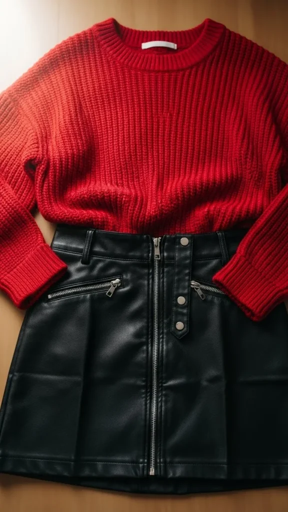 Red Sweater with Leather Skirt