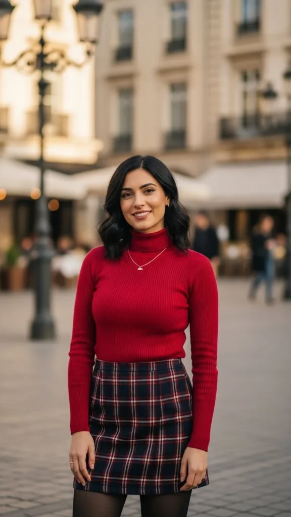 Red Turtleneck with Plaid Skirt