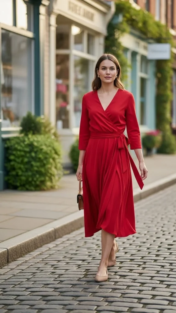 Red Wrap Dress with Simple Flats