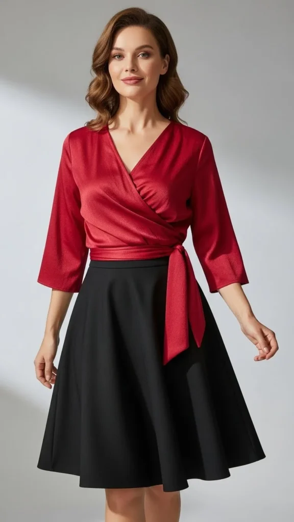 Red Wrap Top with Black Skirt