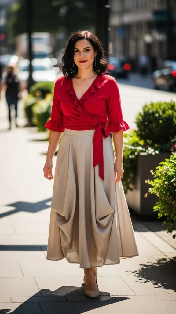 Red Wrap Top with Neutral Midi Skirt