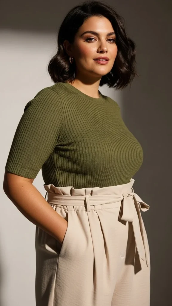 Ribbed Top With Paperbag Waist Pants