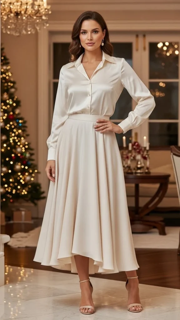 Satin Blouse With High Waisted Skirt