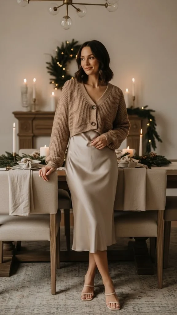 Satin Midi Dress With Soft Knit Layer