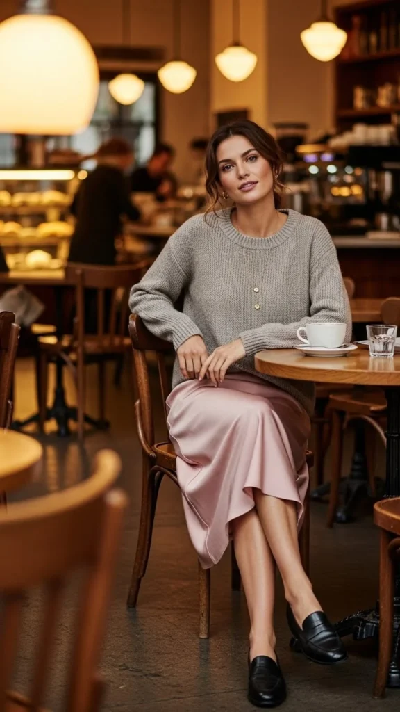 Satin Pink Skirt With a Casual Knit