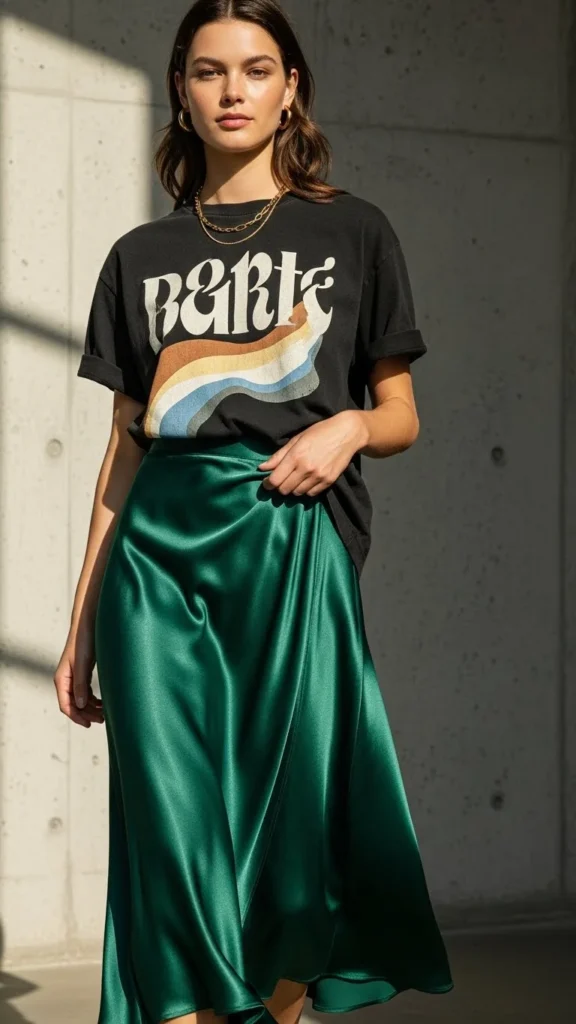 Satin Skirt With Graphic Tee