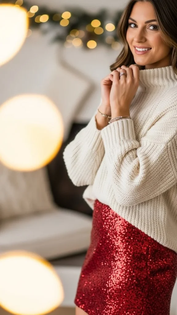 Sequin Skirt with Chunky Knit Sweater