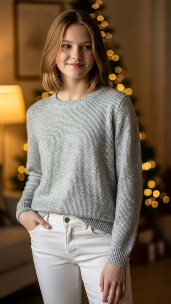 Silver Sweater With White Jeans
