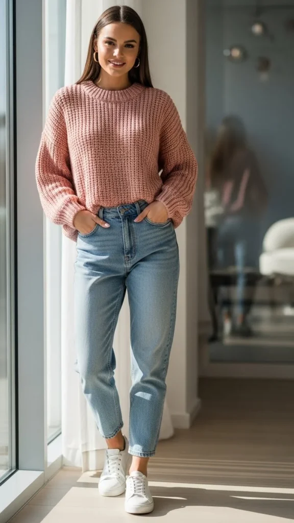 Soft Blush Sweater With Light Denim