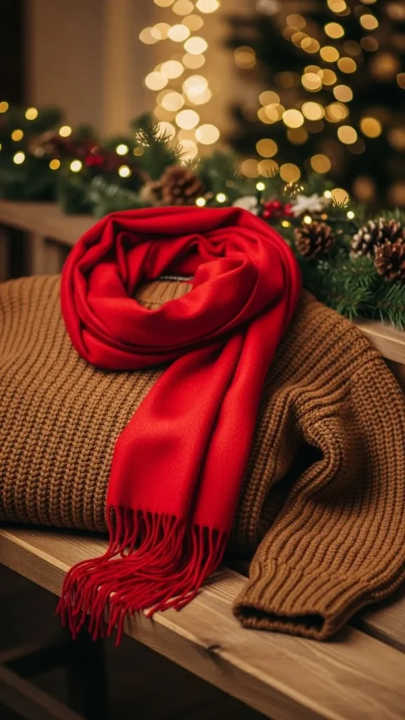 Soft Brown Sweater With a Red Scarf