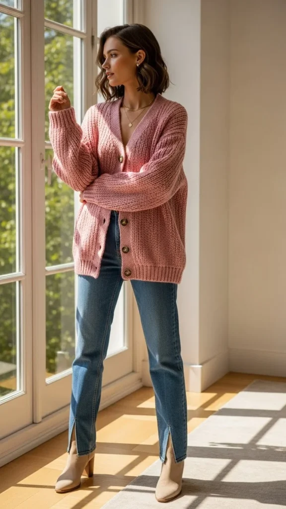 Soft Pink Cardigan With Straight Jeans