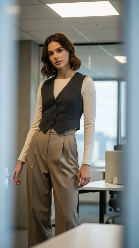 Structured Vest Over Long Sleeve Top