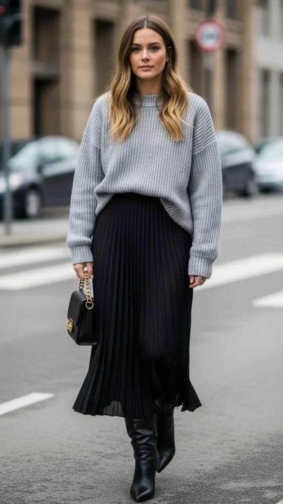 Textured Sweater With Pleated Skirt