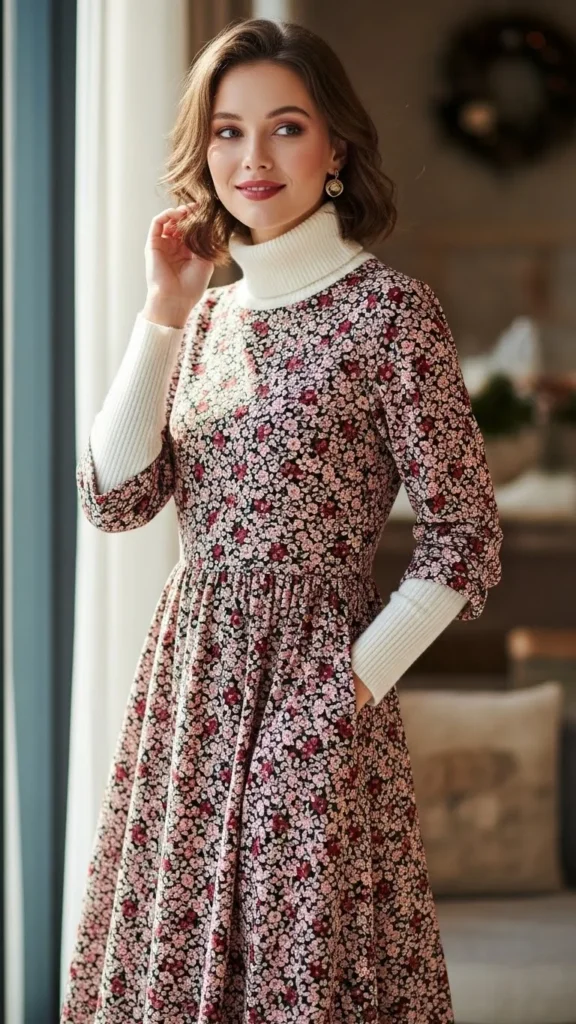 Turtleneck Layered Under Floral Dress