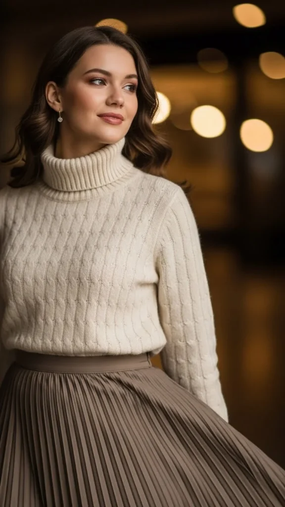 Turtleneck Paired with a Pleated Skirt