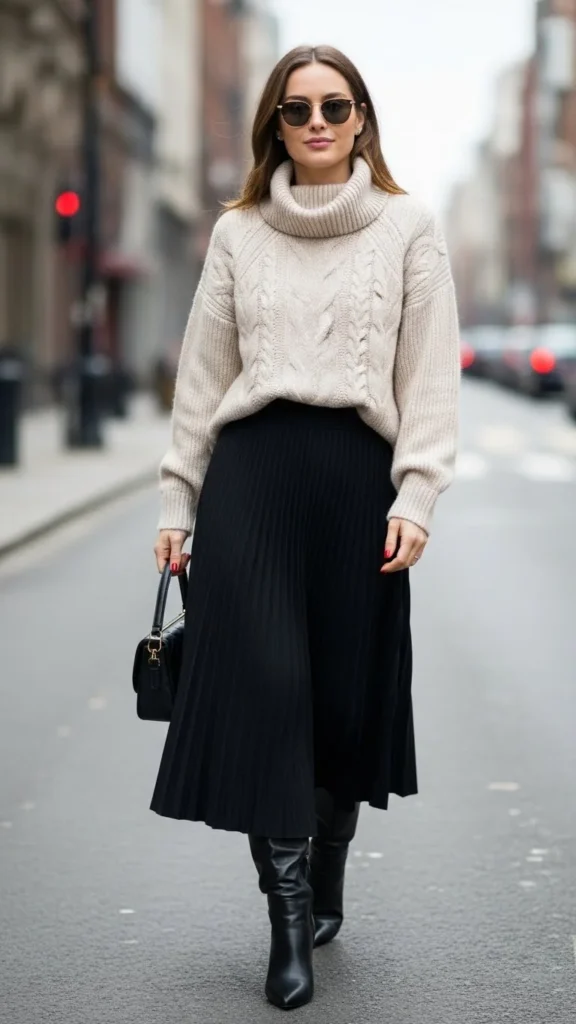 Turtleneck With Midi Skirt and Boots