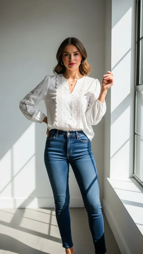 White Blouse with Dark Denim