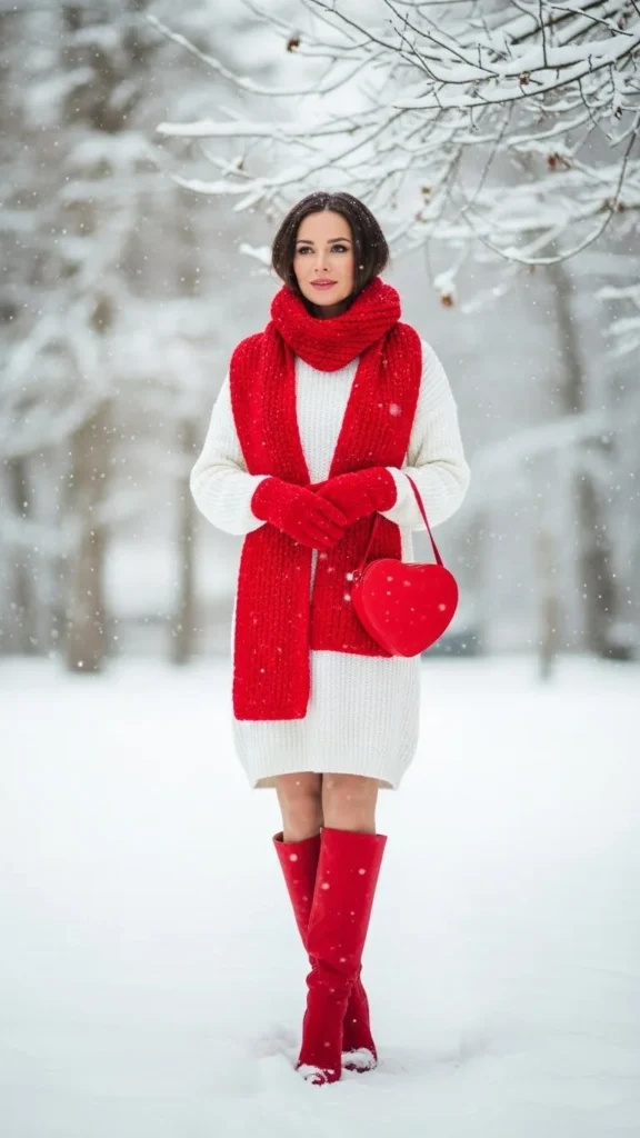 White Knit Dress with Red Accessories