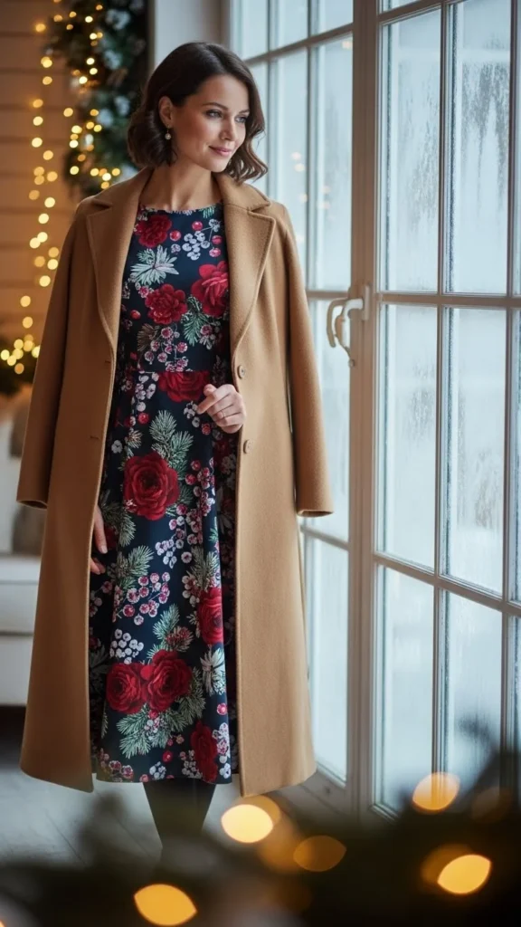 Winter Floral Dress With a Long Coat