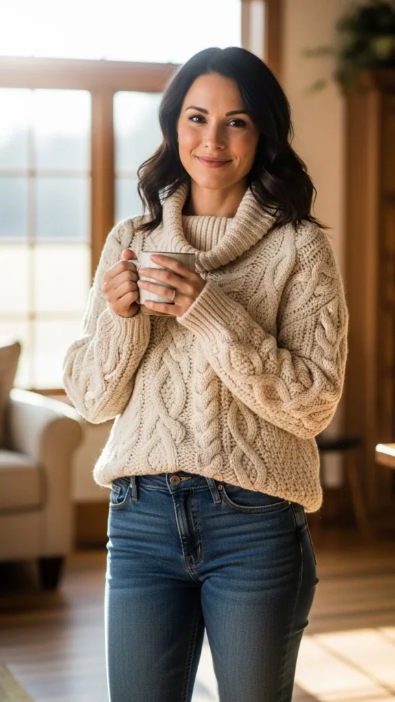 Cable Knit Sweater with Dark Denim