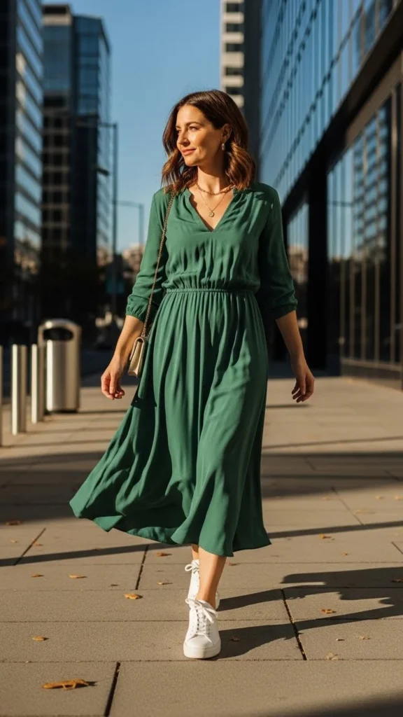 Classic Green Midi Dress + Sneakers