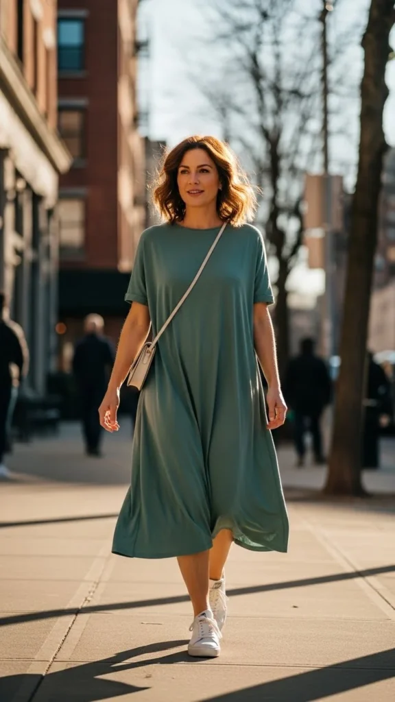 Classic Green Midi Dress With White Sneakers