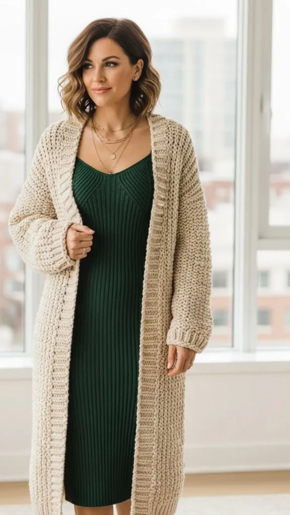 Fitted Knit Dress with Long Cardigan