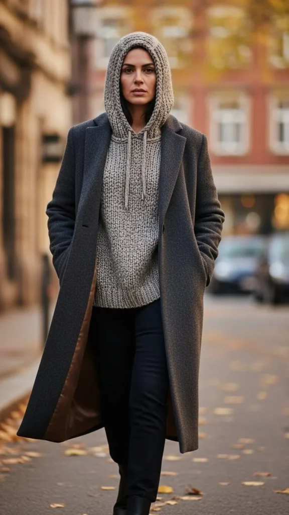 Knit Hoodie with Long Wool Coat