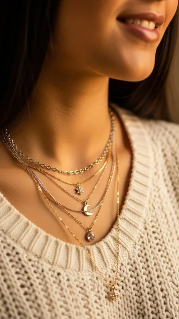 Layered Necklaces Over Knitwear