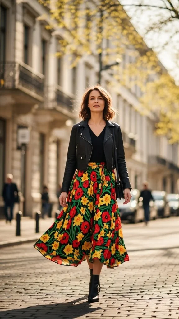 Leather Jacket With Floral Skirt