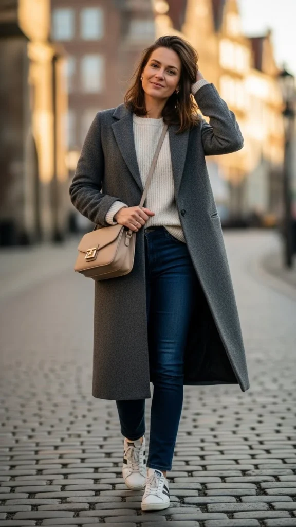 Long Wool Coat with Sneakers