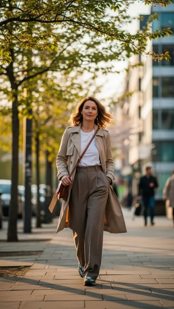 Trench Coat With Wide-Leg Trousers and Sneakers
