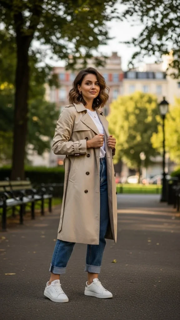 Trench Coat with White Sneakers