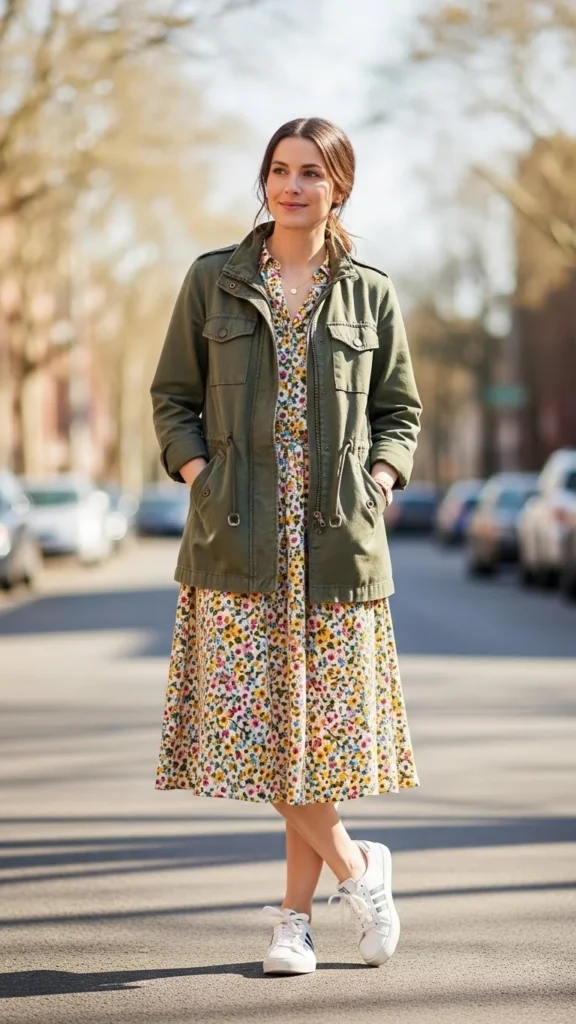 Utility Jacket with a Simple Dress