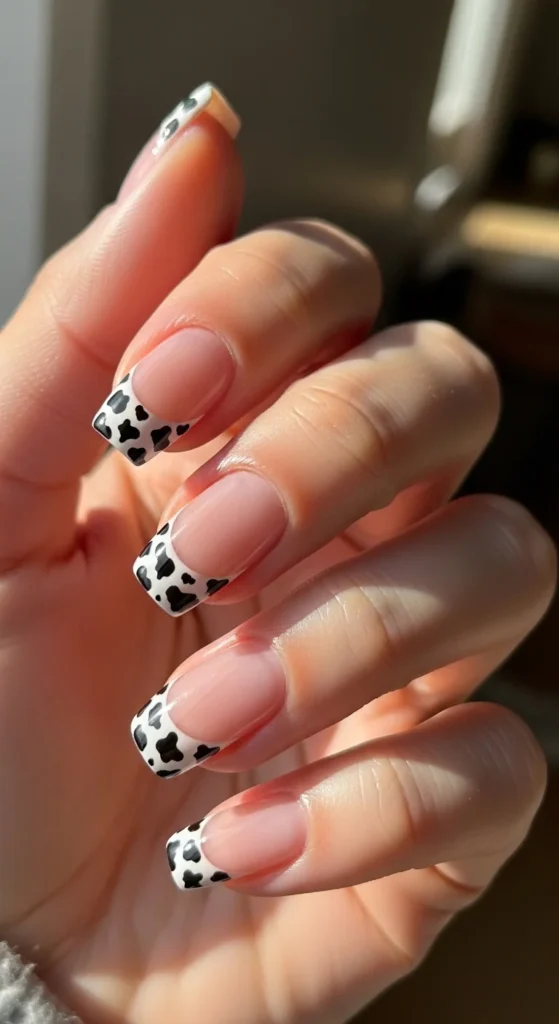 16. Cow Print French Tips for Playful Style.webp