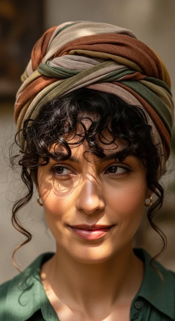 20. Curly Bangs with Headscarf Styling.webp