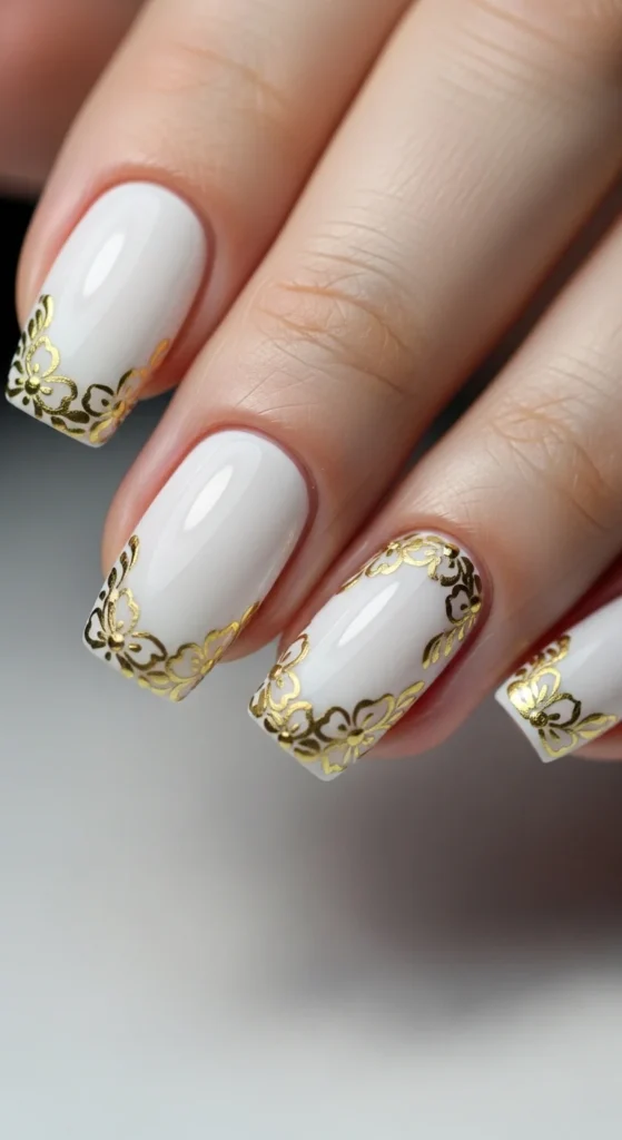 20. Winter White Gold Floral Nails.webp