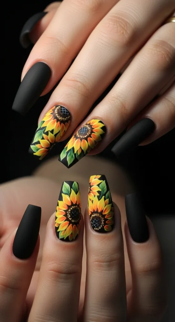21. Sunflower Accent Coffin Nails.webp