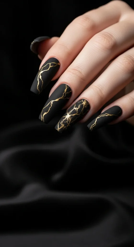 5. Matte Black and Gold Marble Nails.webp