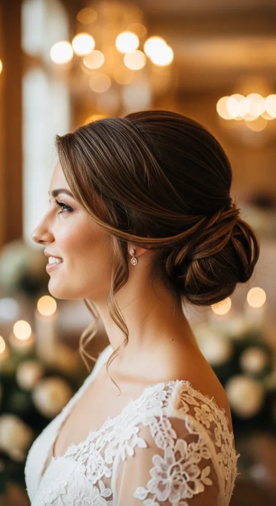 1. Classic Low Chignon with Soft Tendrils.webp