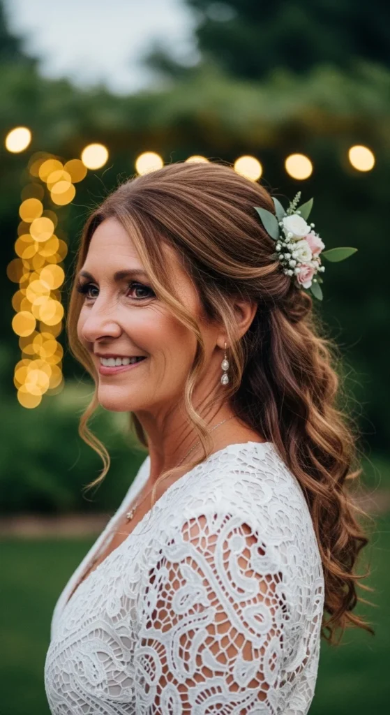 21. Backyard Wedding Half Up Hairstyle.webp
