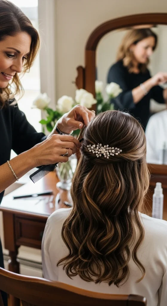 24. Minimal Tools Half Up Wedding Hairstyle.webp